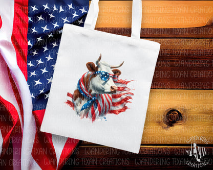 Featuring a cool cow in patriotic shades and a stylish US flag tied around its neck, this bag is perfect for showing off your American pride on Independence Day.