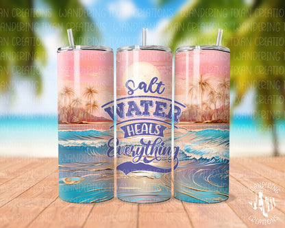 This tumbler features a vibrant sublimation design of a pastel beachfront and the inspiring phrase "saltwater heals everything".