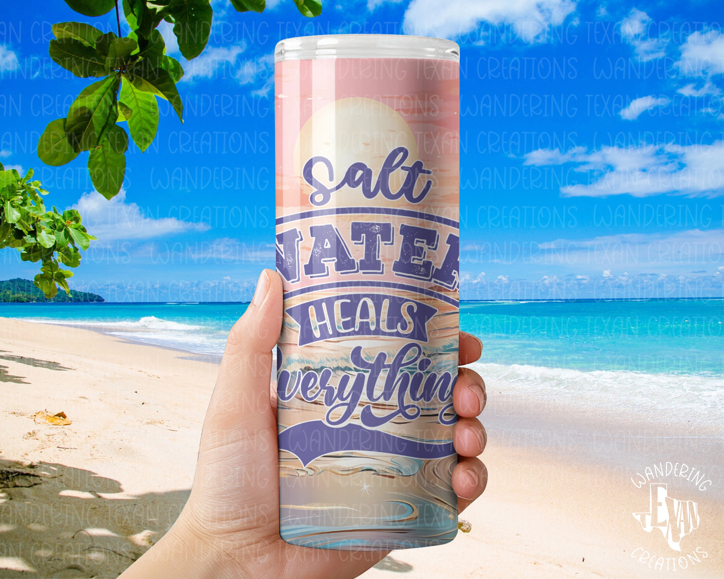 This tumbler features a vibrant sublimation design of a pastel beachfront and the inspiring phrase "saltwater heals everything".