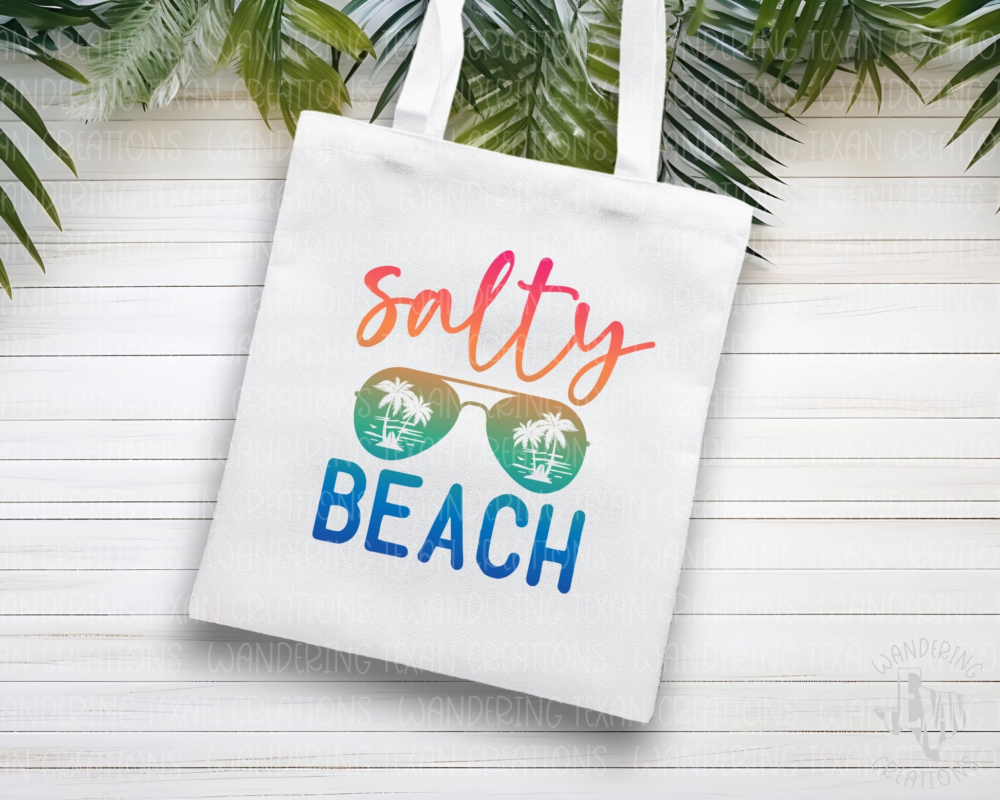  Our sublimation design features a design sporting a pair of aviator-style sunglasses that have palm tree silhouettes and the phrase "Salty Beach." 