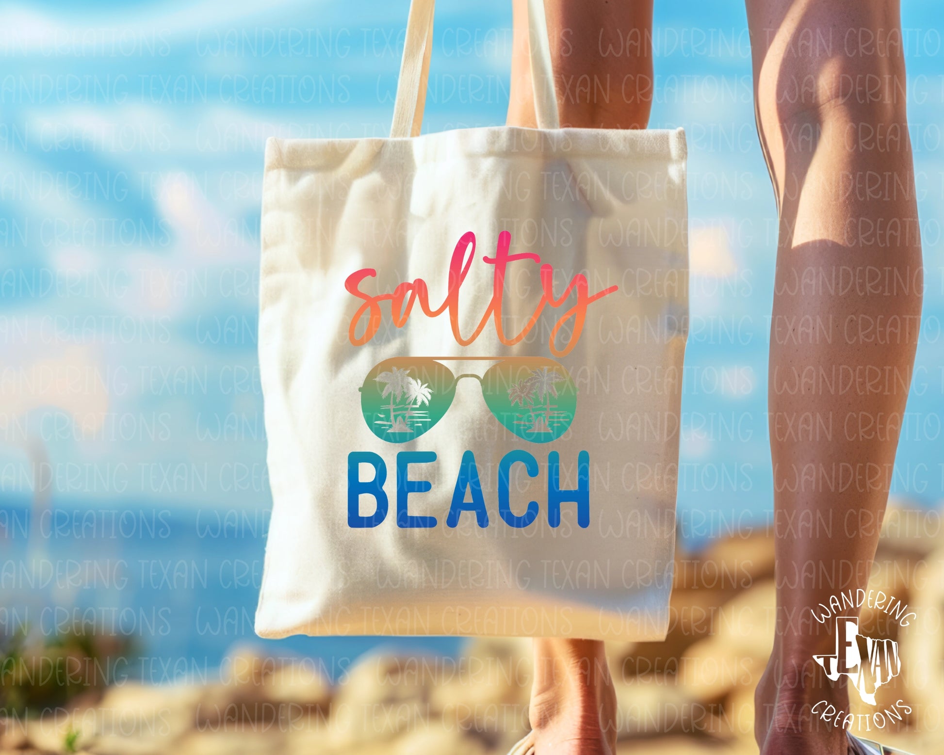  Our sublimation design features a design sporting a pair of aviator-style sunglasses that have palm tree silhouettes and the phrase "Salty Beach." 