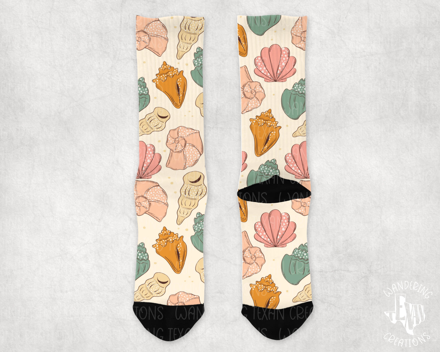 Made with a sublimation design and mixed shells, these socks are perfect for adding a touch of beachy fun to your wardrobe.