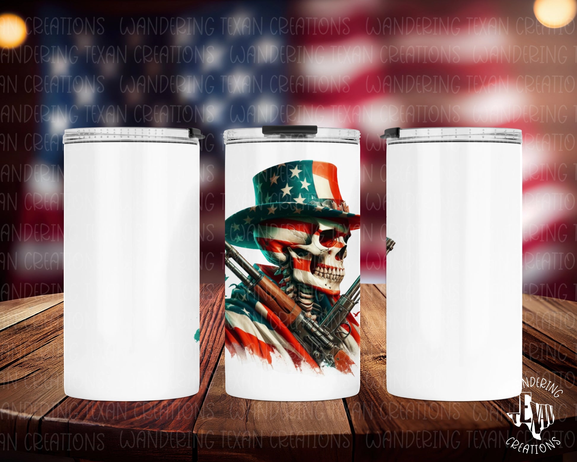 This durable tumbler features a unique design of a skeleton wearing a top hat with crisscrossed guns, perfect for showing off your love of freedom.