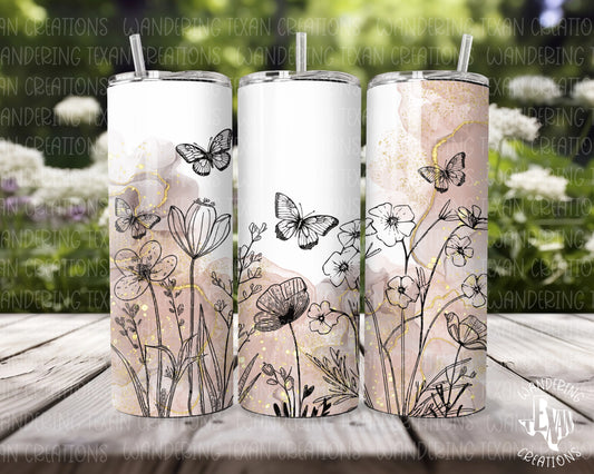 Jazz up your beverage game with our Boho Butterfly Garden Tumbler! With its rose gold and gold background, this tumbler features a boho-style line-drawn flower garden, complete with fluttering butterflies. 