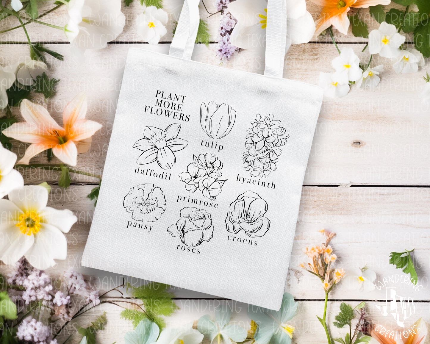 Perfect for carrying all your essentials (+ a few extra seeds), this quirky tote features a playful line-drawn design of flowers and the phrase "plant more flowers".