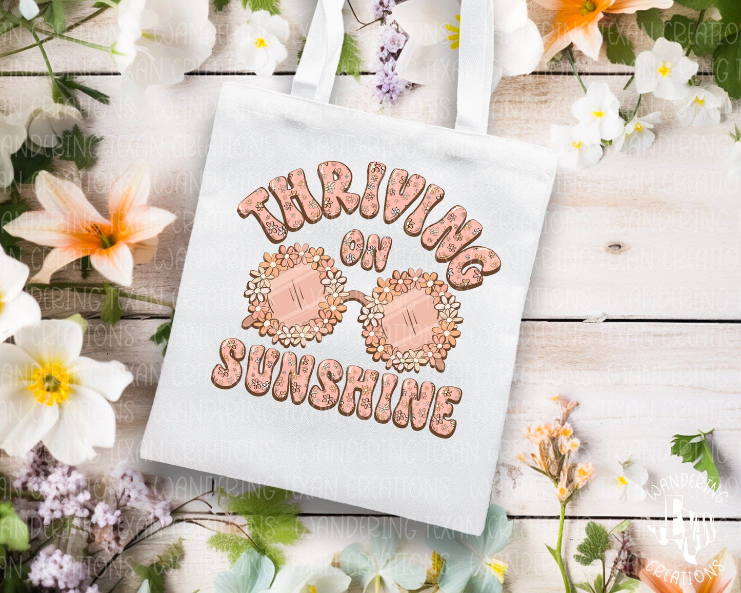 Featuring sunglasses bordered with vibrant flowers and the uplifting phrase "thriving on sunshine", this bag is the perfect accessory for spring.