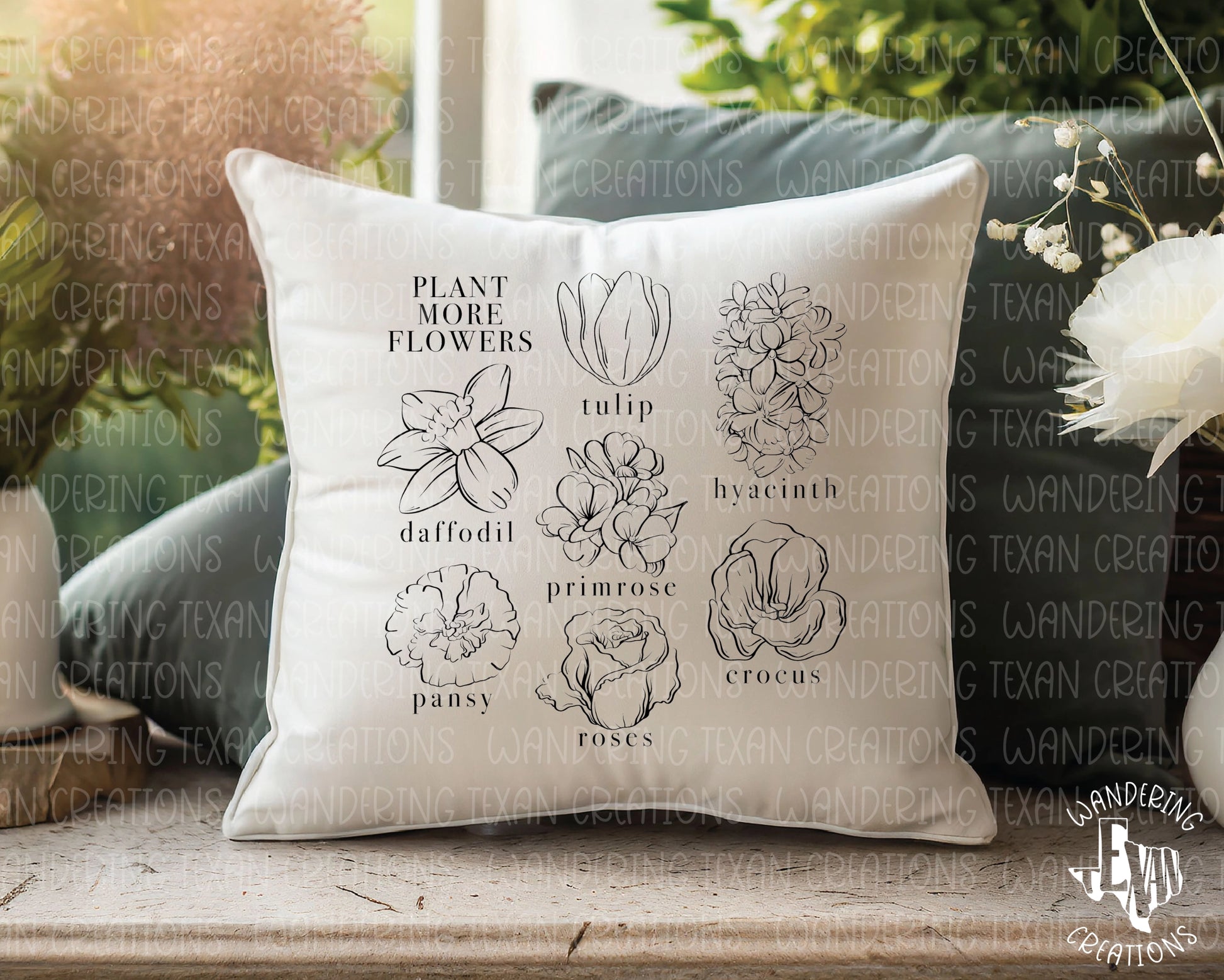 Featuring charming line-drawn flowers and the playful phrase "plant more flowers", this sublimation-printed pillow cover will bring a smile to your face every time you see it. 