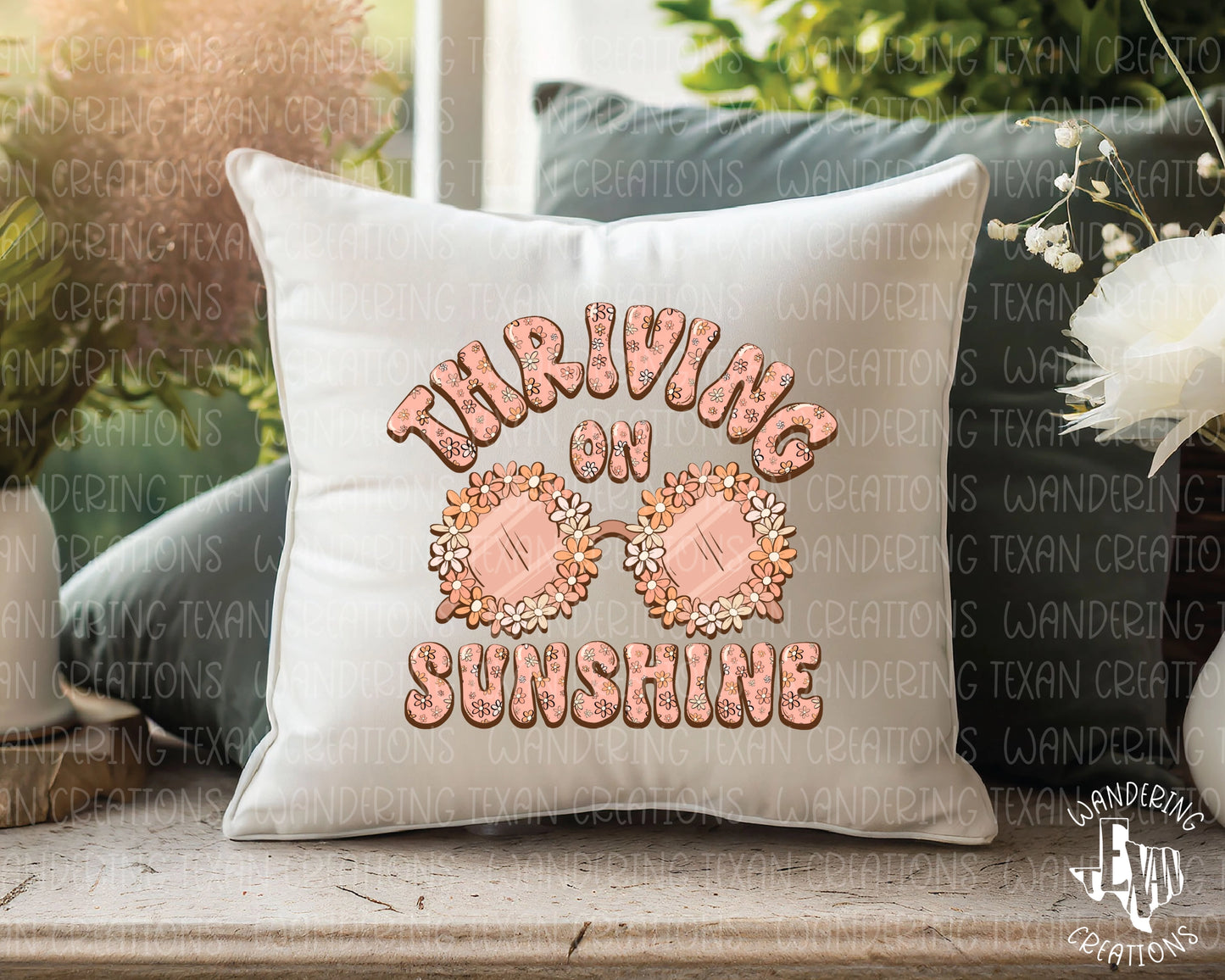 Featuring sunglasses bordered with flowers and the phrase "thriving on sunshine", this spring-inspired cover is perfect for adding a pop of fun and humor to any room.