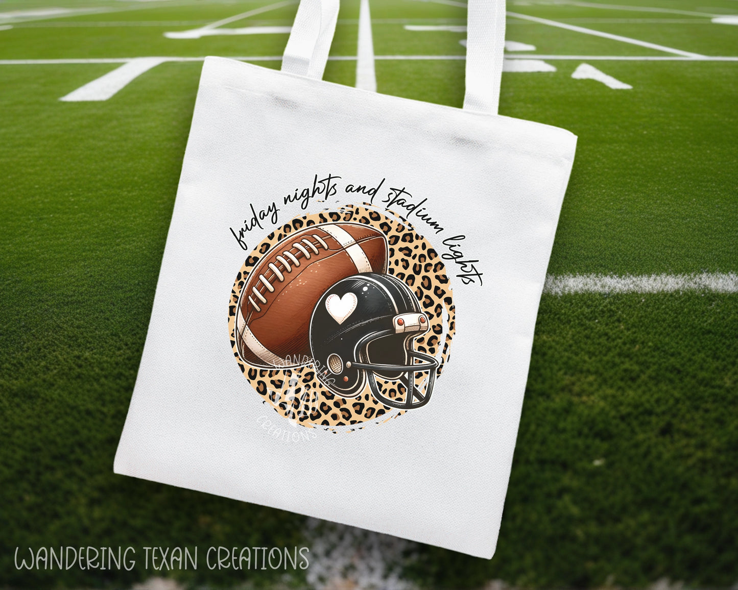 Made from durable linen, it features a sublimation design of a football and helmet against a fierce leopard print background, with the playful phrase "Friday nights and stadium lights".