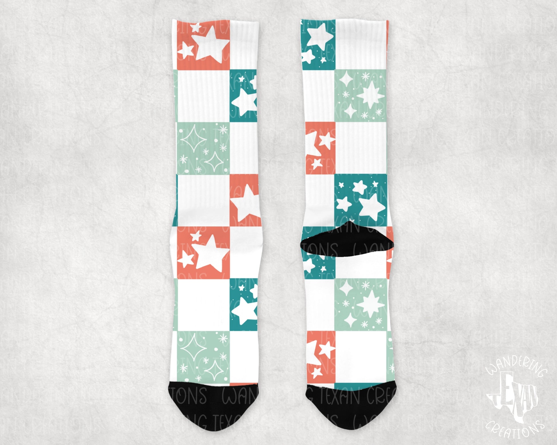 These quirky and fun socks feature a design of red and blue checkers with stars in the checkered squares, perfect for adding a playful touch to any outfit.