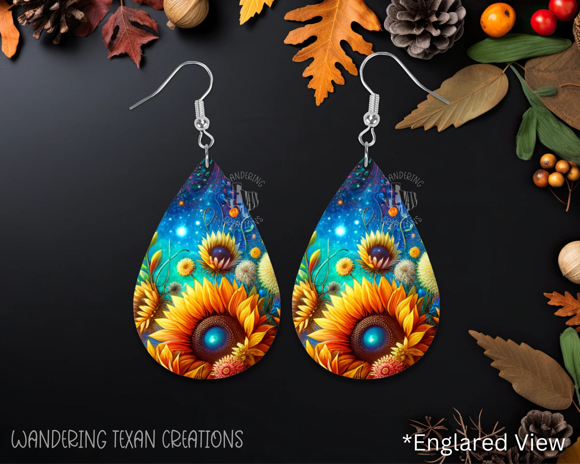 These teardrop-shaped earrings feature a playful sublimated design of sunflowers in a starry night.