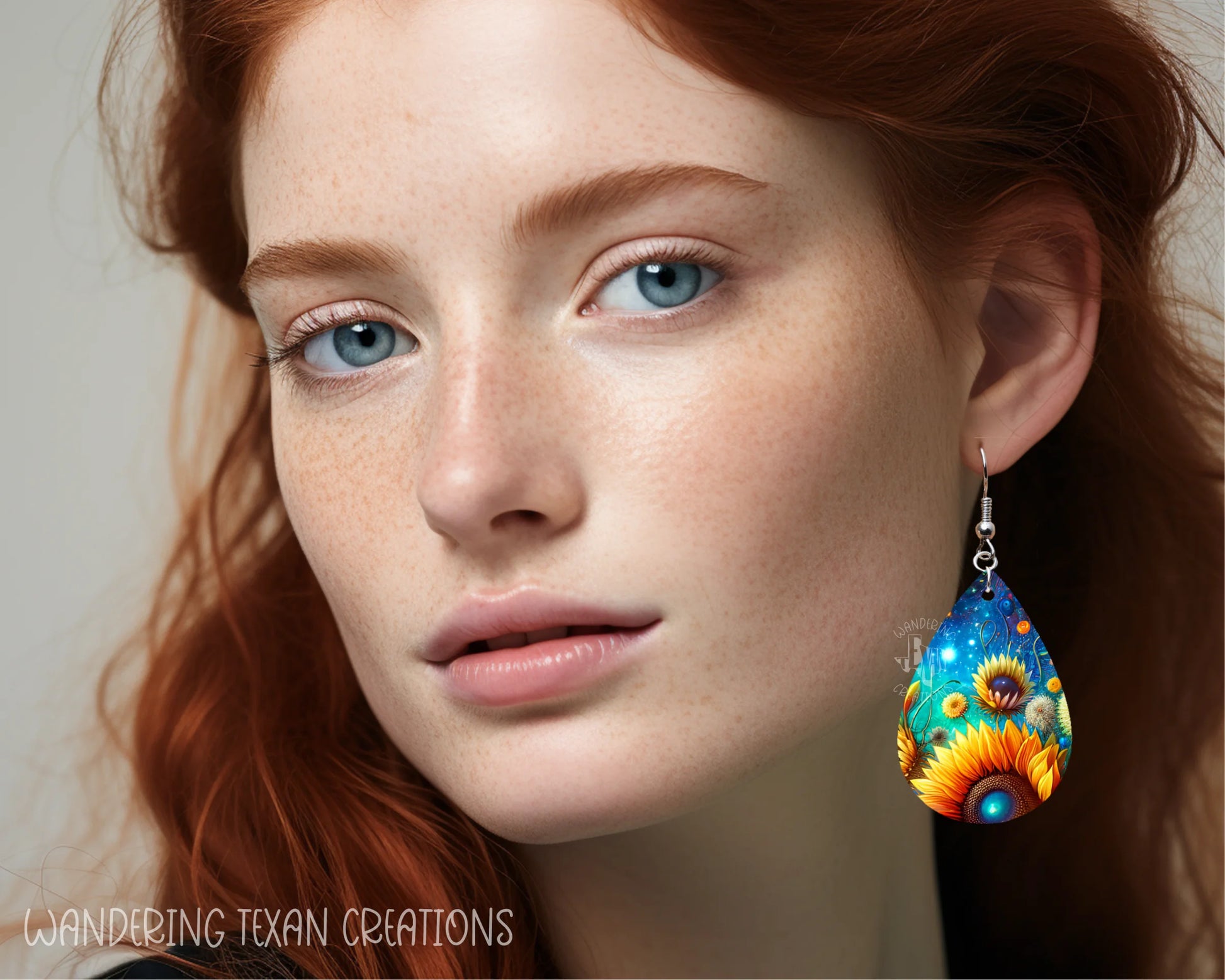 These teardrop-shaped earrings feature a playful sublimated design of sunflowers in a starry night.