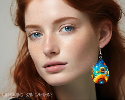 These teardrop-shaped earrings feature a playful sublimated design of sunflowers in a starry night.