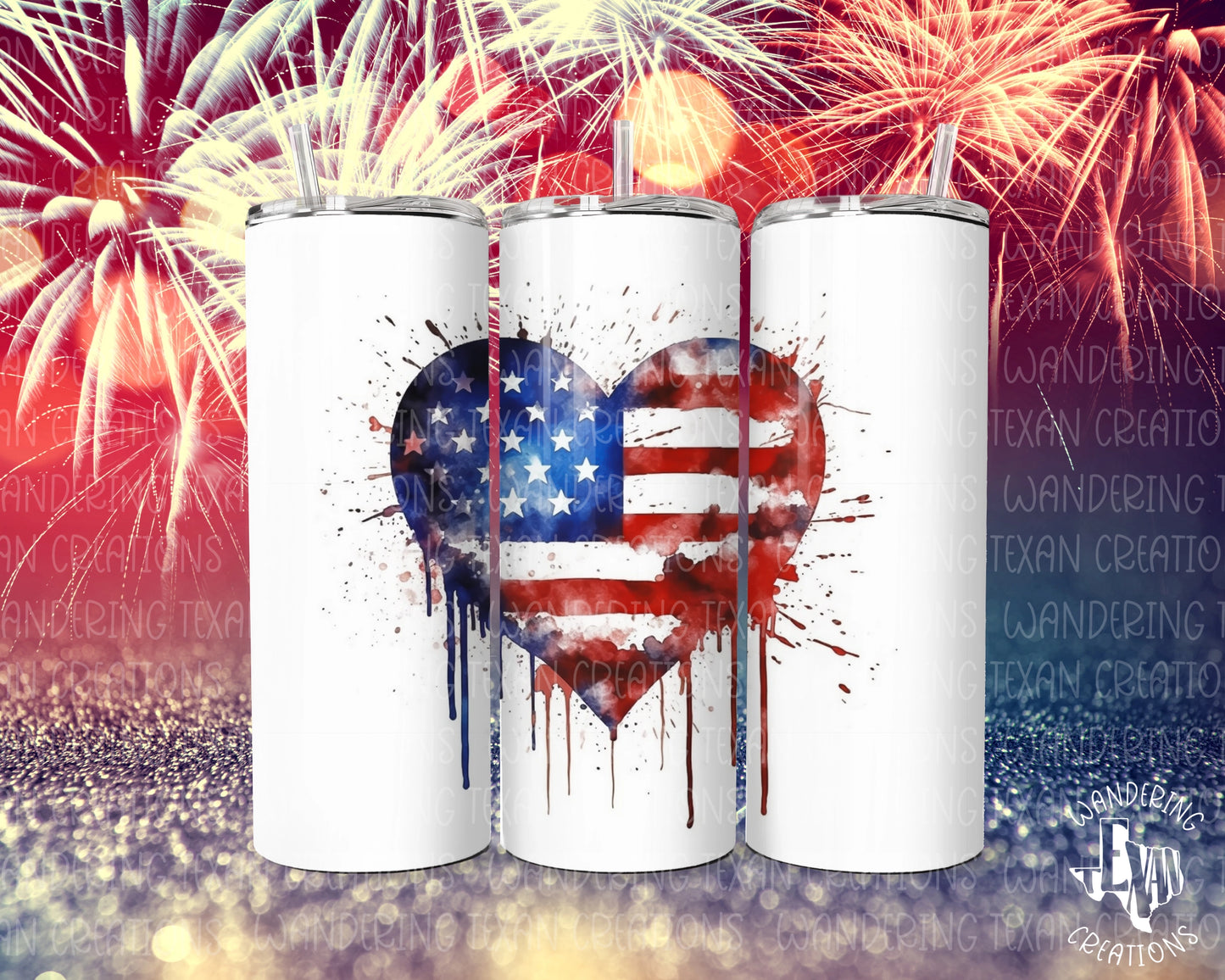 This tumbler is perfect for sipping on Independence Day, featuring a US flag within a paint-splattered heart.