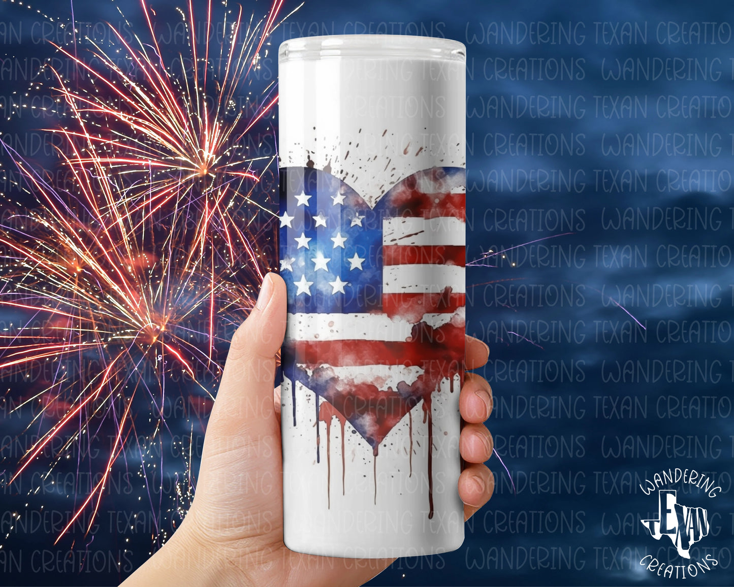 This tumbler is perfect for sipping on Independence Day, featuring a US flag within a paint-splattered heart.