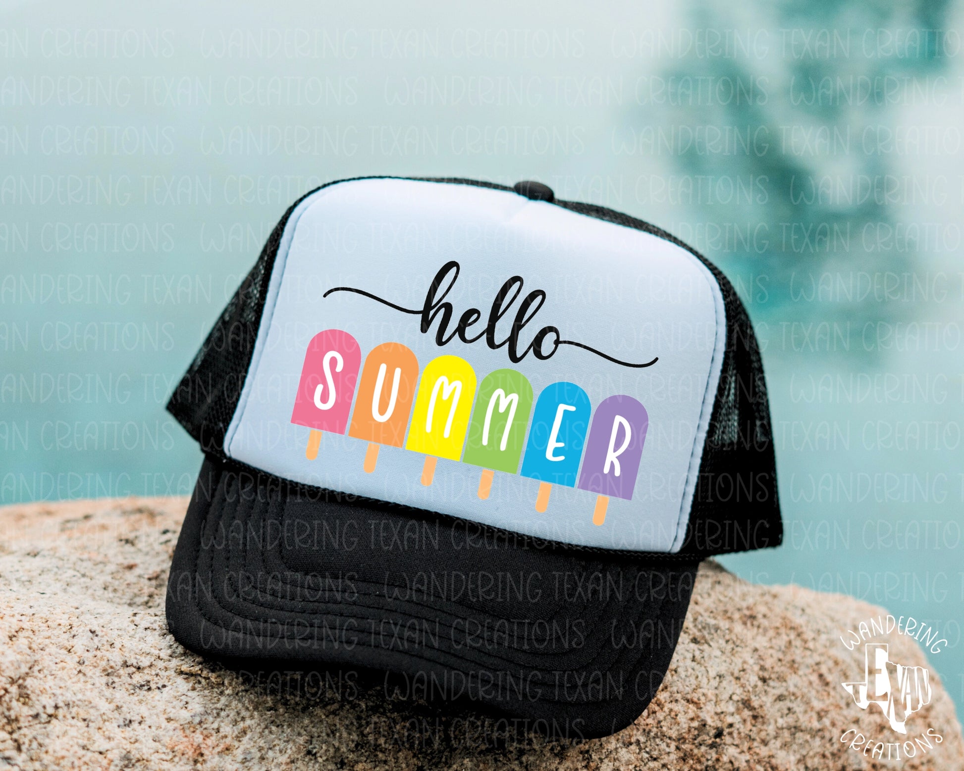 Featuring a vibrant sublimation design of colorful popsicles and the phrase "Hello summer," this trucker hat is the perfect addition to your summer style.