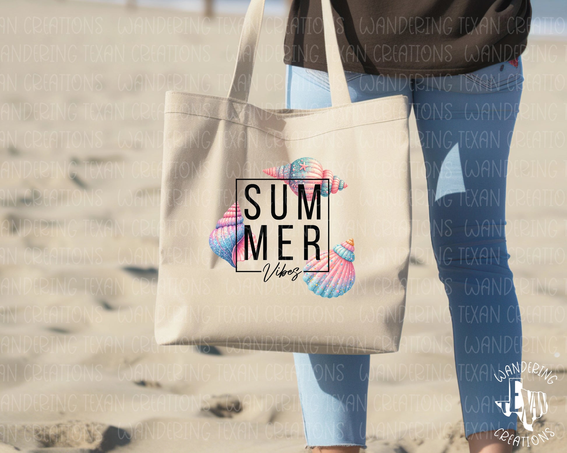 The sublimation design features a phrase framed with pink and blue seashells, bringing to mind carefree days at the beach.