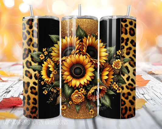 Stay stylish and hydrated with our Sunflower and Leopard Chic 20 oz Skinny Tumbler! Featuring a sublimated design of vibrant sunflowers on a background of trendy gold glitter stripes, black stripes, and leopard print.