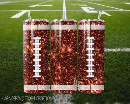 With a 20 oz capacity and sublimation printing, this tumbler boasts a faux glitter football design to add some sparkle to your sips.