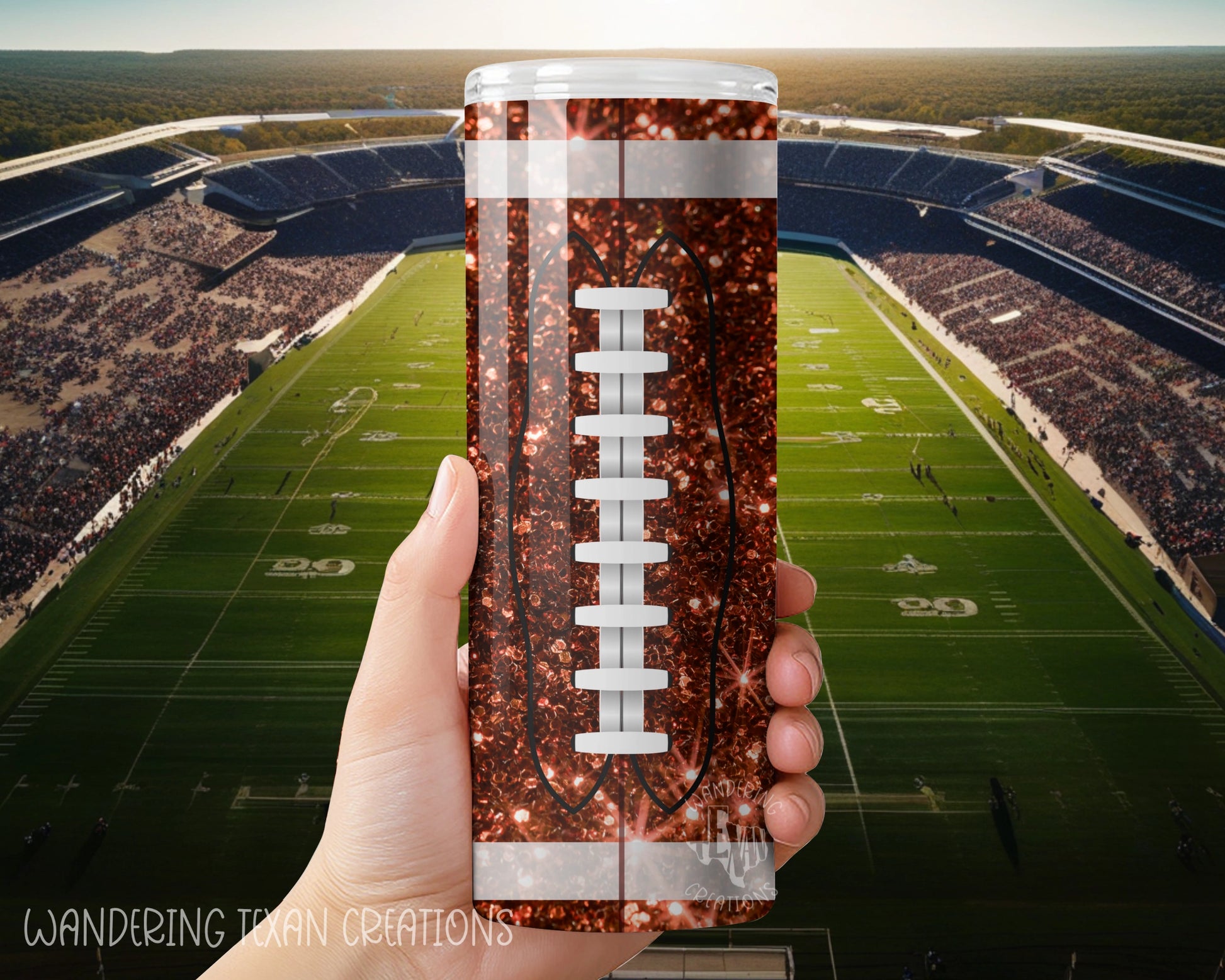 With a 20 oz capacity and sublimation printing, this tumbler boasts a faux glitter football design to add some sparkle to your sips.