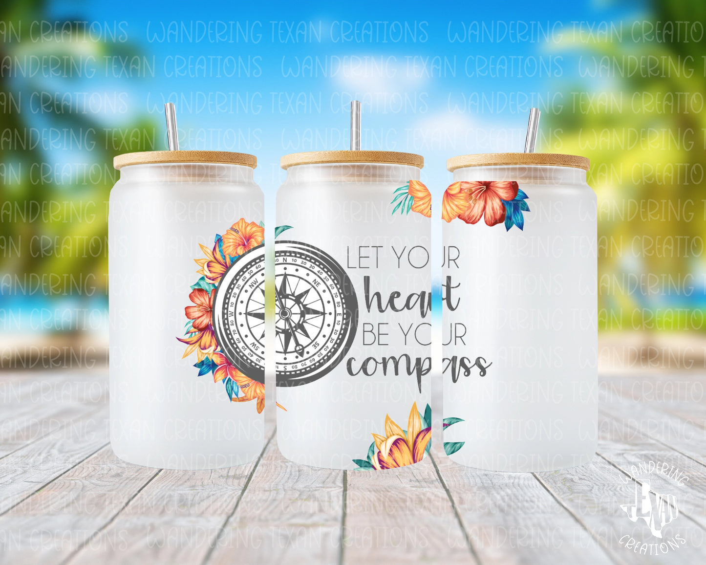 Let your heart guide you on your summer adventures with our Tropical Wanderlust Glass Tumbler. Featuring a sublimation design of a compass and floral pattern, this tumbler will inspire you to follow your heart.