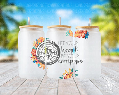 Let your heart guide you on your summer adventures with our Tropical Wanderlust Glass Tumbler. Featuring a sublimation design of a compass and floral pattern, this tumbler will inspire you to follow your heart.