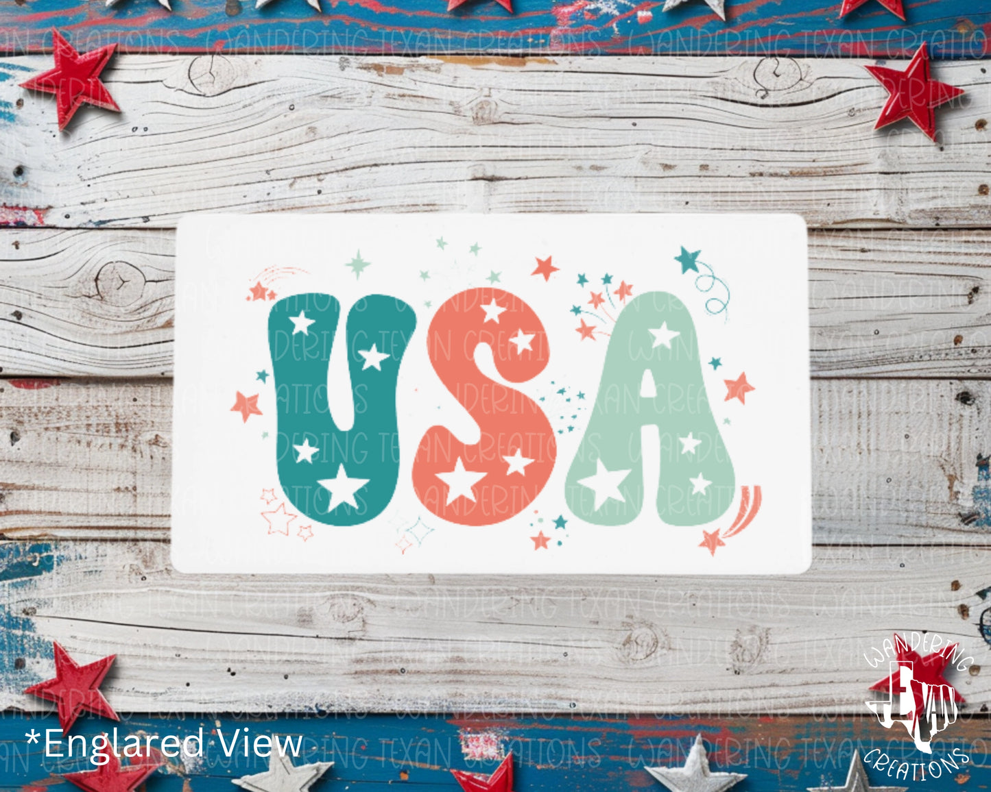 Show your USA pride with this magnet featuring red, white, and blue stars surrounding the bold letters "USA". 