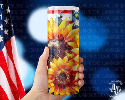 Toast to independence with the All-American Sunflowers Tumbler - featuring a sublimated design with three vibrant sunflowers and the iconic US flag.