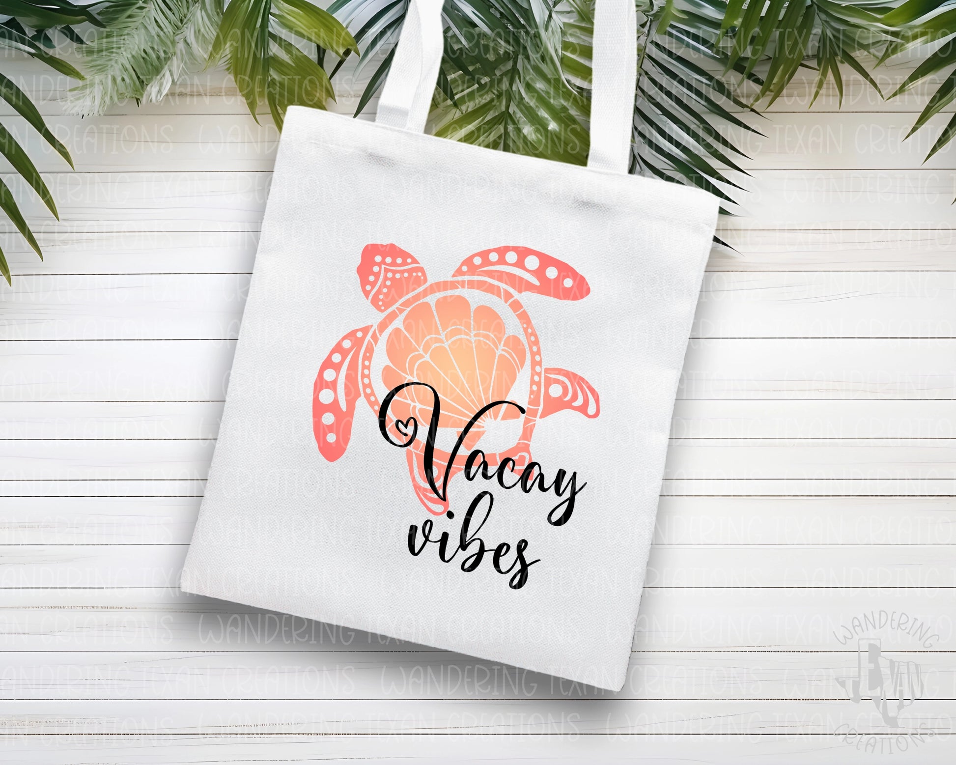 This coral-pink beauty features a unique sublimation design of a sea turtle sporting a seashell and the phrase 'vacay vibes'. Perfect for summer fun, this tote is sure to make a splash wherever you go.