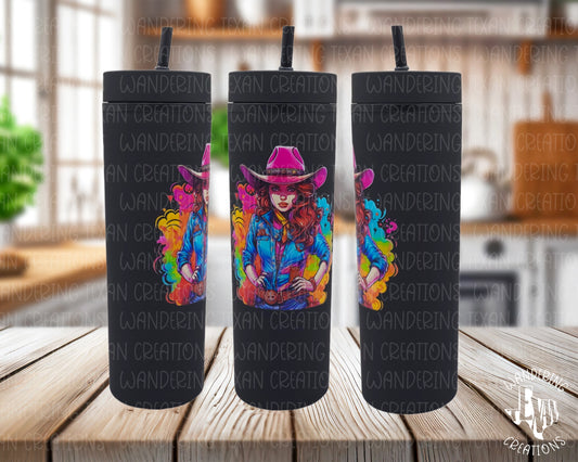 This unique tumbler features a western pop art design and is adorned with a UV DTF decal.