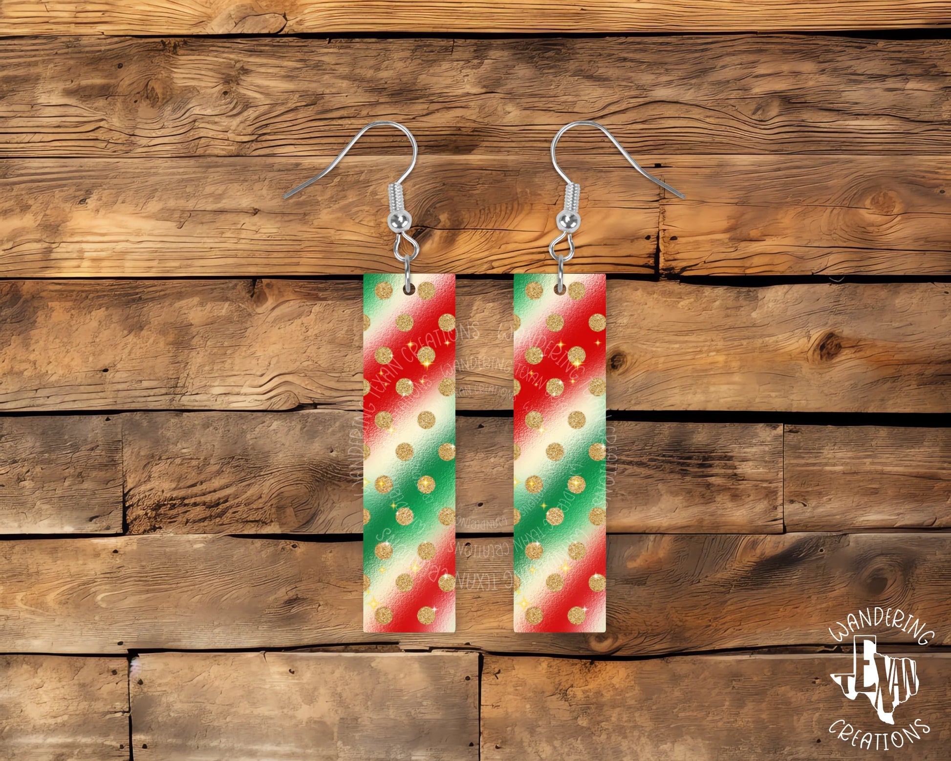 These rectangular earrings feature classic Christmas colors of red, green, and white, with a touch of gold dots for a little extra sparkle.