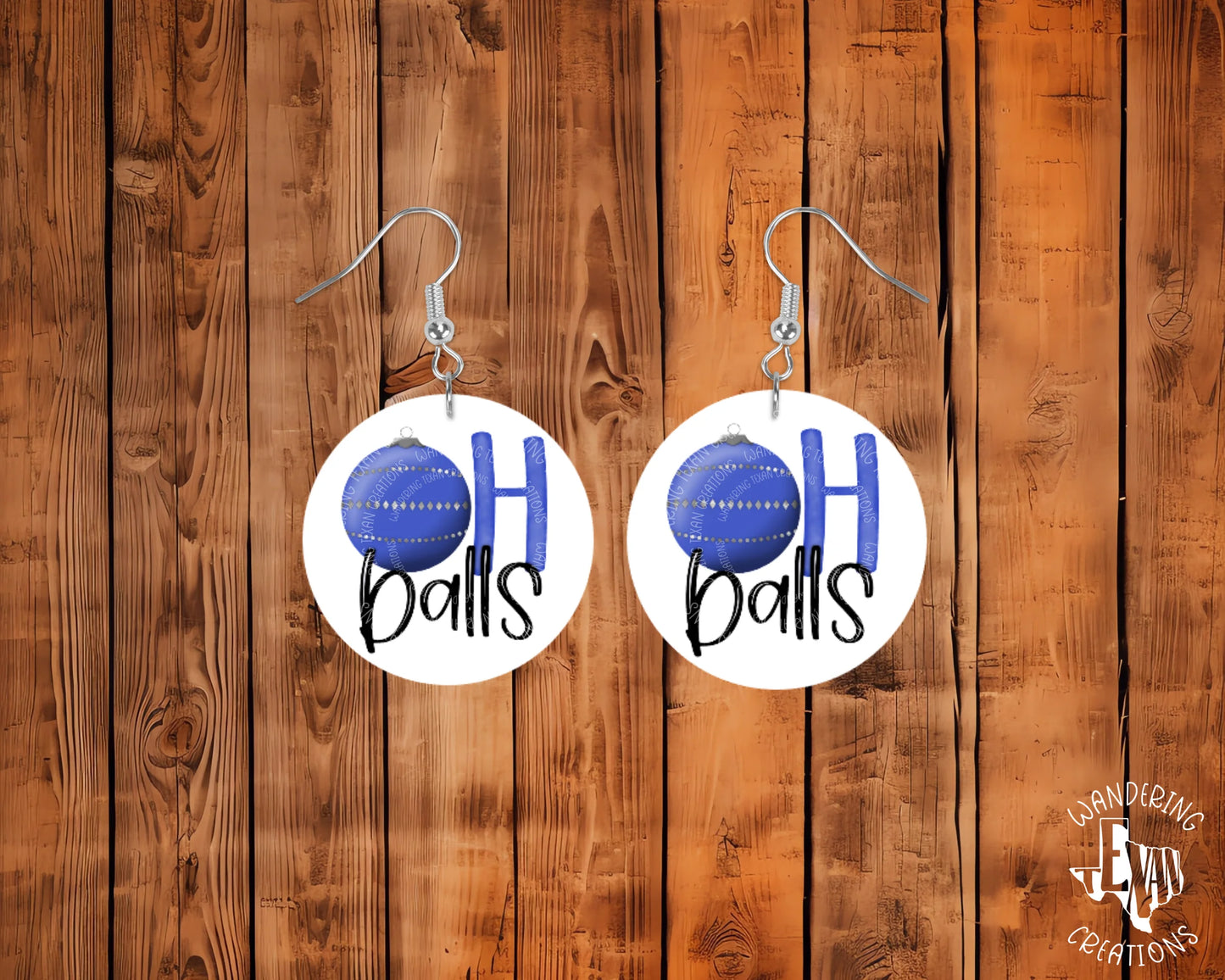 These round earrings feature a fun and festive design with Christmas ornaments, complete with a playful pun.