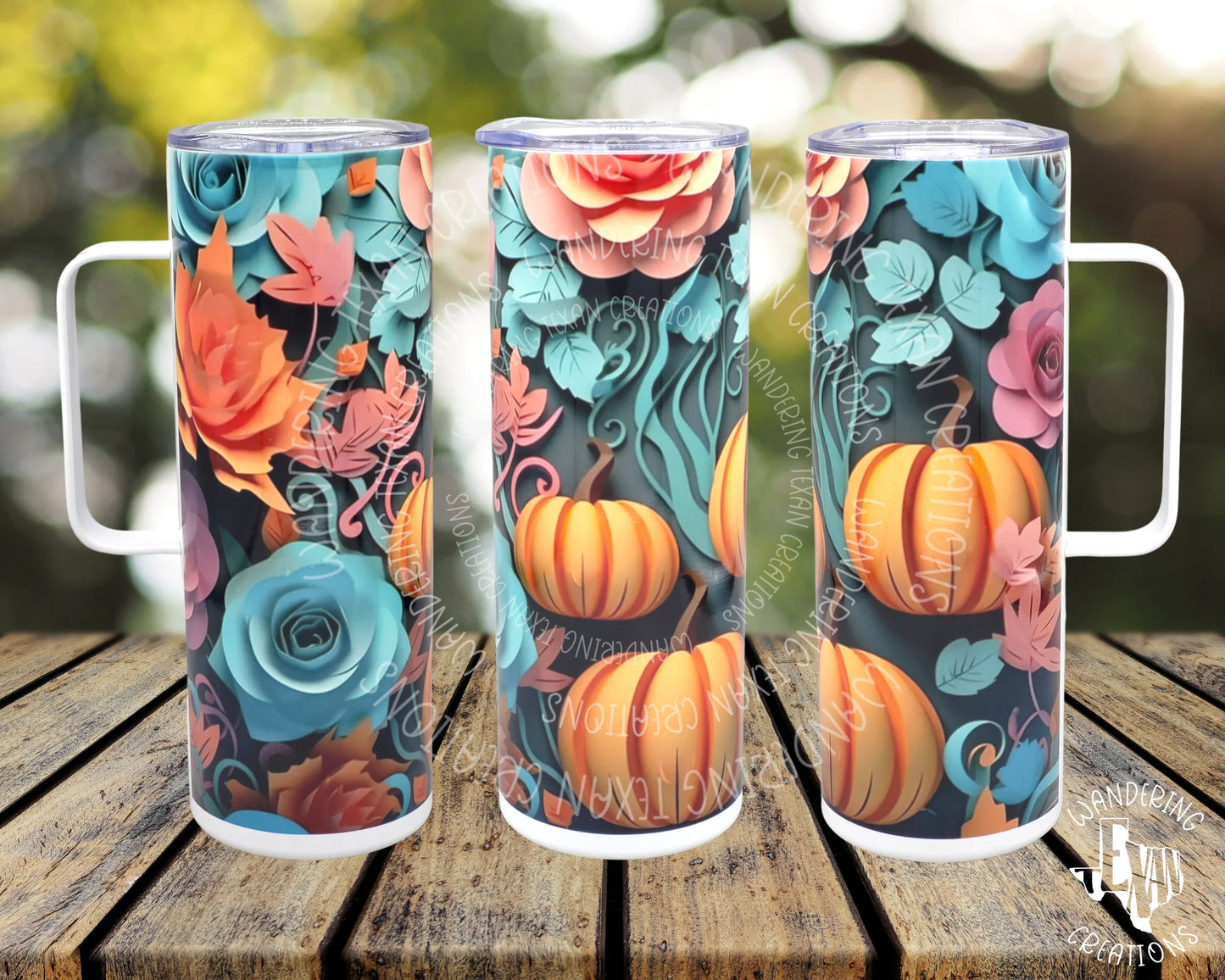 Perfect for fall, this tumbler with handle is ideal for taking your favorite beverage with you and enjoying all your fall activities. 