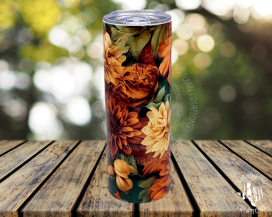 Quench your thirst with this Fall Floral with a Orange Glow Tumbler! Constructed with stainless steel and a sublimation process, the design features a floral array inspired by Autumn.