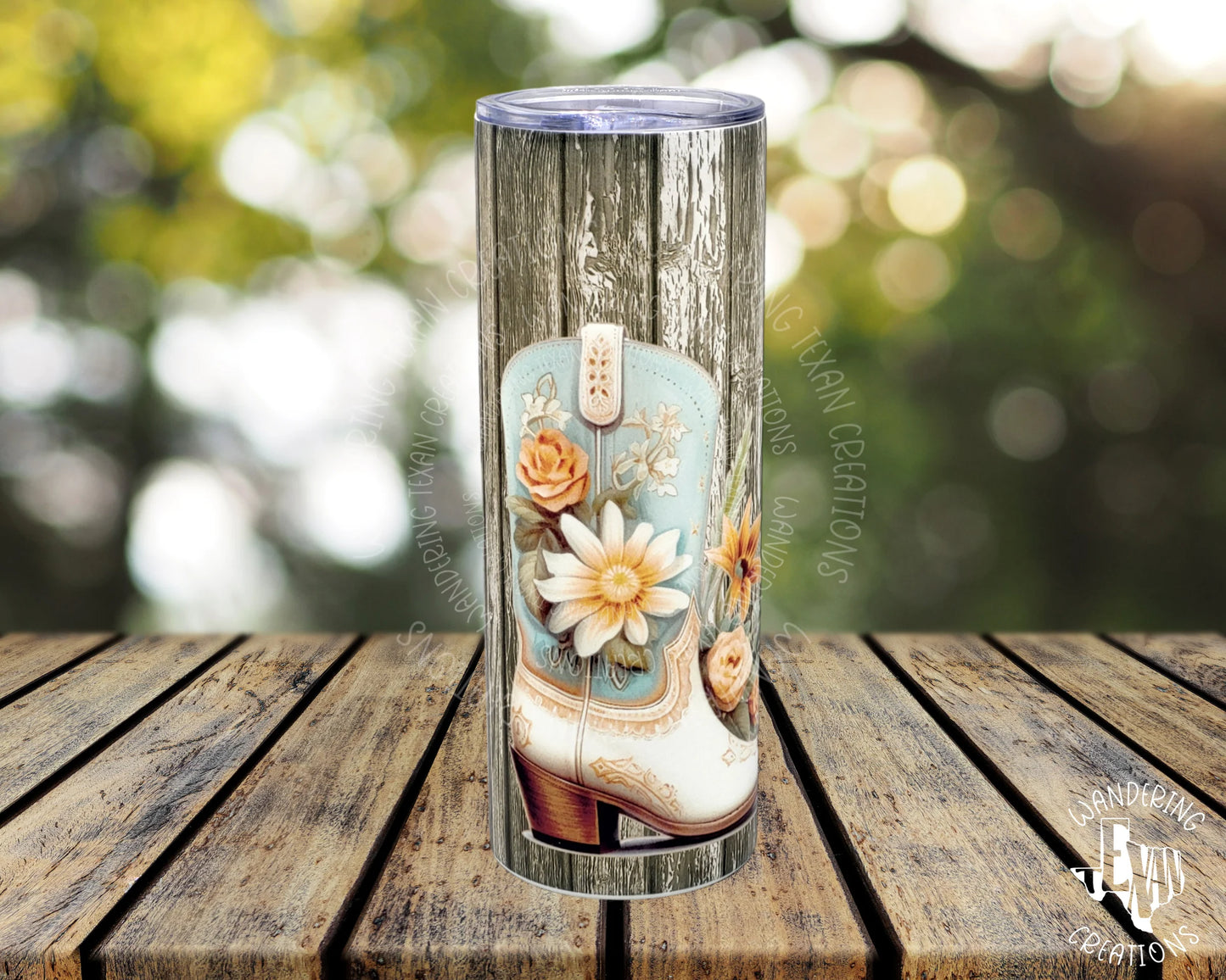 This matte skinny tumbler is the perfect way to show your faith! It features boots and flowers against a rustic wood background, along with scripture to bring inspiration to your day. 