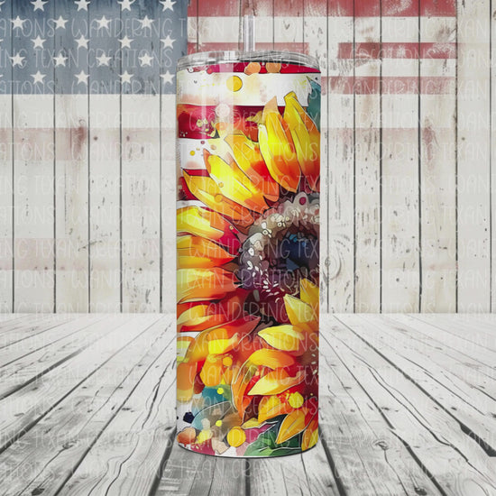 Toast to independence with the All-American Sunflowers Tumbler - featuring a sublimated design with three vibrant sunflowers and the iconic US flag.