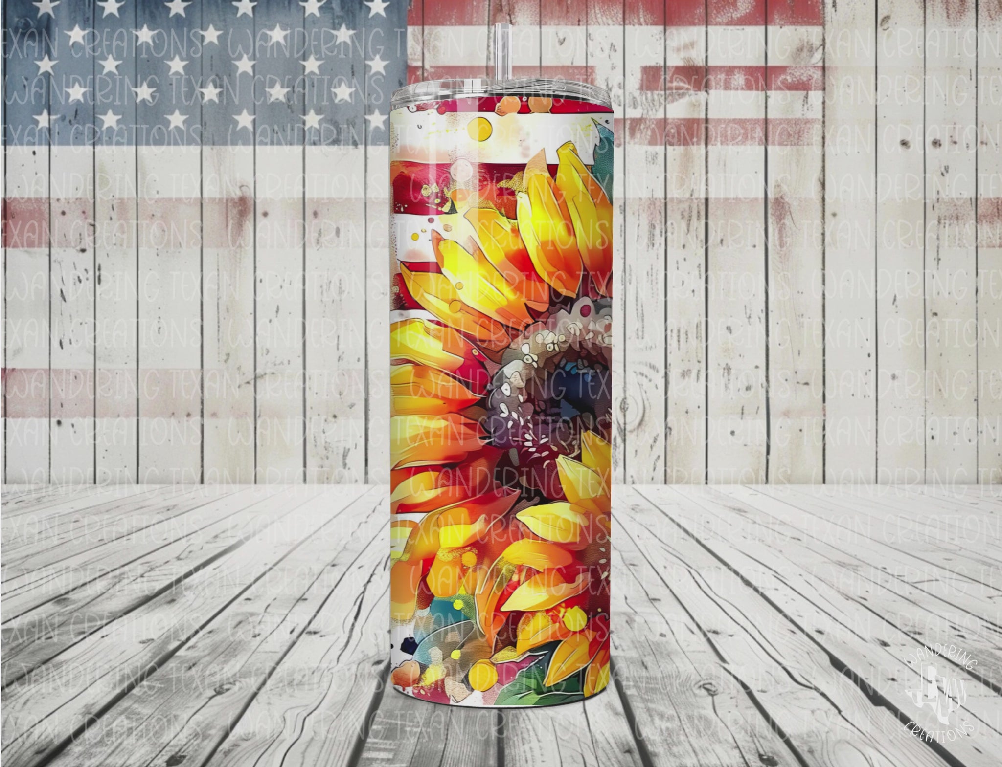 Toast to independence with the All-American Sunflowers Tumbler - featuring a sublimated design with three vibrant sunflowers and the iconic US flag.