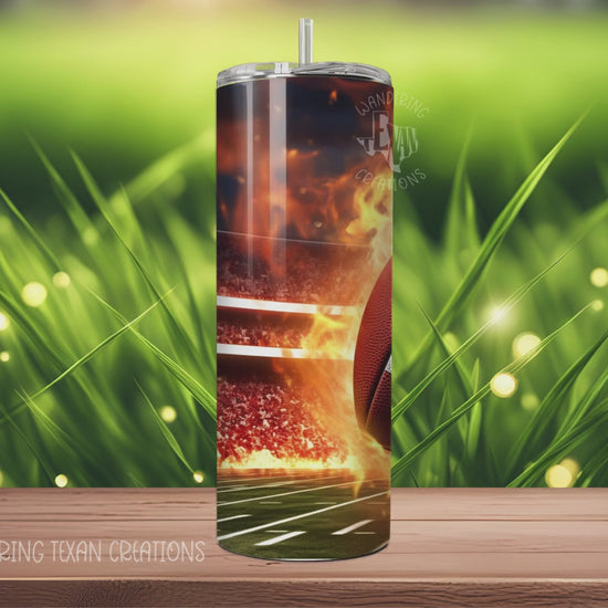 With a 20 oz capacity, this tumbler is perfect for staying hydrated while rooting for your team. The design of a fiery football with a stadium backdrop will keep you fired up, and the sublimation guarantees long-lasting quality.