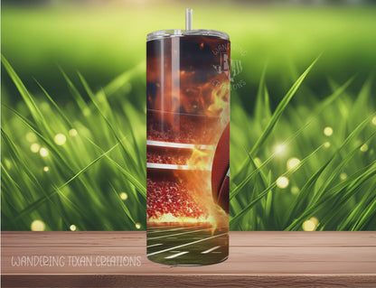 With a 20 oz capacity, this tumbler is perfect for staying hydrated while rooting for your team. The design of a fiery football with a stadium backdrop will keep you fired up, and the sublimation guarantees long-lasting quality.