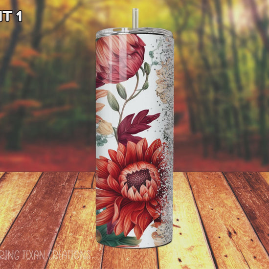 This sleek tumbler boasts a stunning sublimated design of fall florals that fade to glitter and white, creating a unique and eye-catching look. But that's not all - you can also personalize it with a name in 5 different font options.