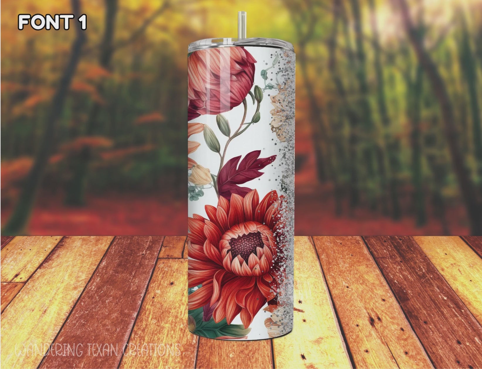 This sleek tumbler boasts a stunning sublimated design of fall florals that fade to glitter and white, creating a unique and eye-catching look. But that's not all - you can also personalize it with a name in 5 different font options.