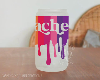 This 20 oz frosted glass tumbler features a unique sublimation design of a rainbow drip with the word "Teacher" incorporated.