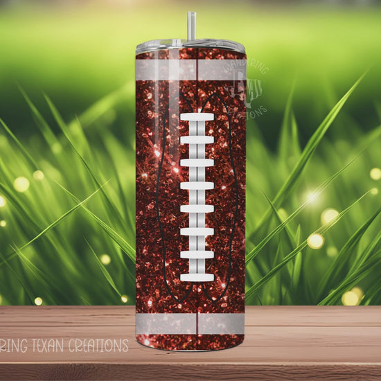 With a 20 oz capacity and sublimation printing, this tumbler boasts a faux glitter football design to add some sparkle to your sips.