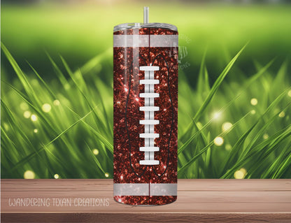 With a 20 oz capacity and sublimation printing, this tumbler boasts a faux glitter football design to add some sparkle to your sips.