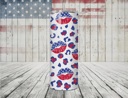 Showcasing a bold design of red, white, and blue lips among leopard print, this tumbler is perfect for celebrating Independence Day.