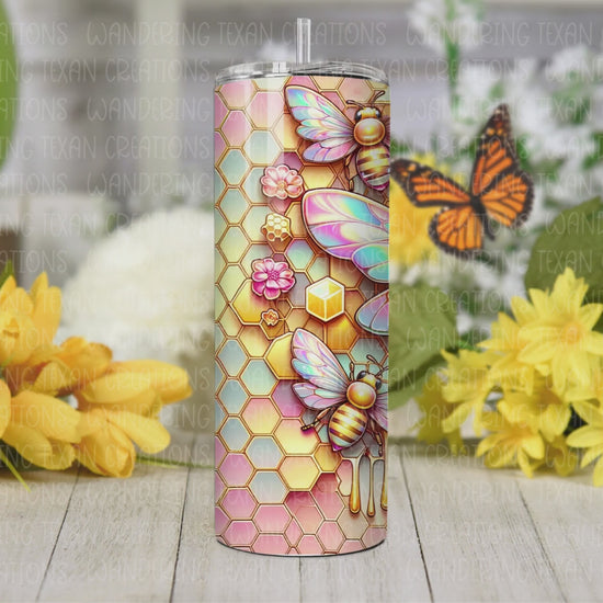 The perfect tumbler for any spring lover, our Pastel Honeycomb Tumbler features stunning golden honeybees with a range of pastel colors intricately detailed in their wings and honeycomb.