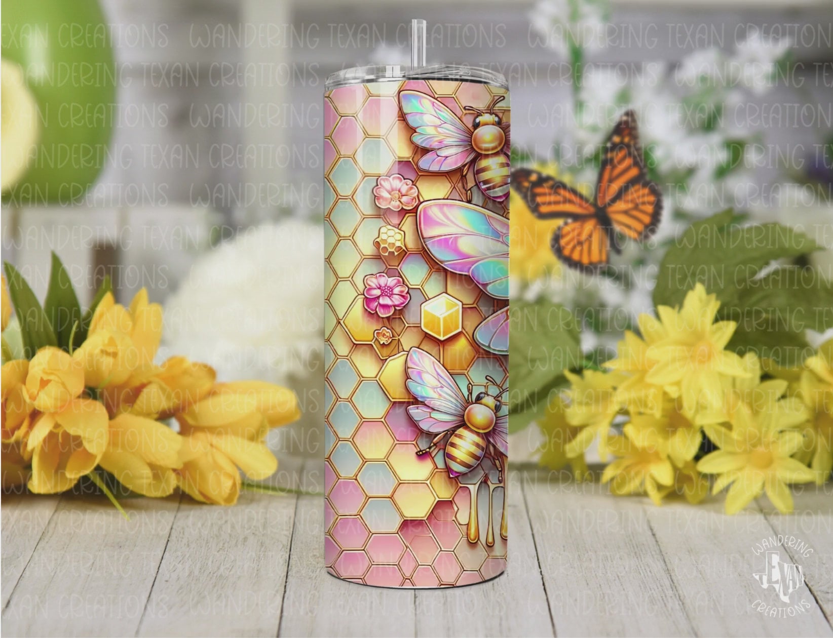 The perfect tumbler for any spring lover, our Pastel Honeycomb Tumbler features stunning golden honeybees with a range of pastel colors intricately detailed in their wings and honeycomb.