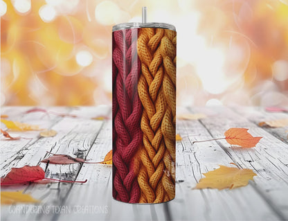 This 20 oz skinny stainless steel tumbler features a unique sublimated design of a knit sweater in warm red, yellow, and blue tones.