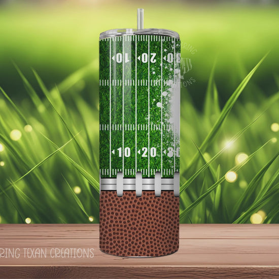 This 20 oz tumbler features a football field design on the top 2/3 and a football with laces on the bottom 1/3. Personalize it by adding your own photo.