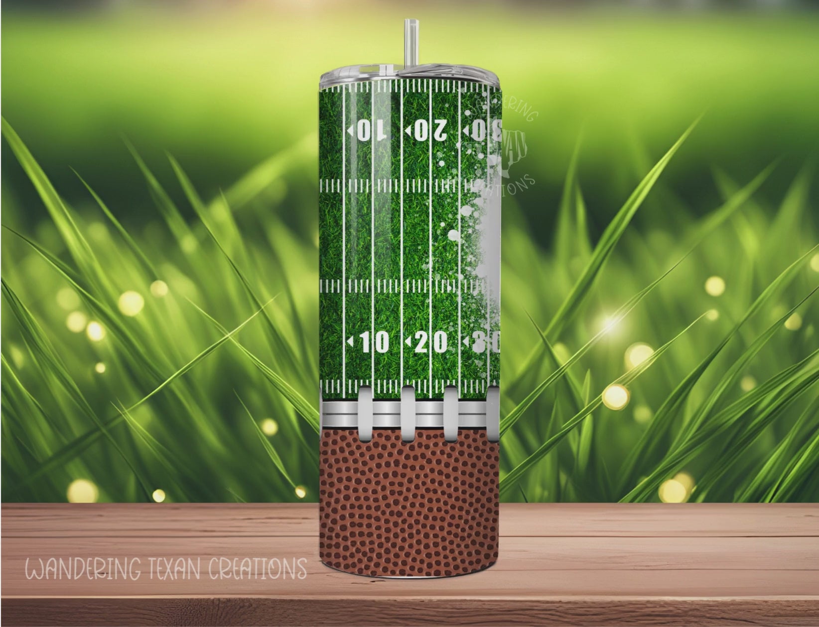 This 20 oz tumbler features a football field design on the top 2/3 and a football with laces on the bottom 1/3. Personalize it by adding your own photo.